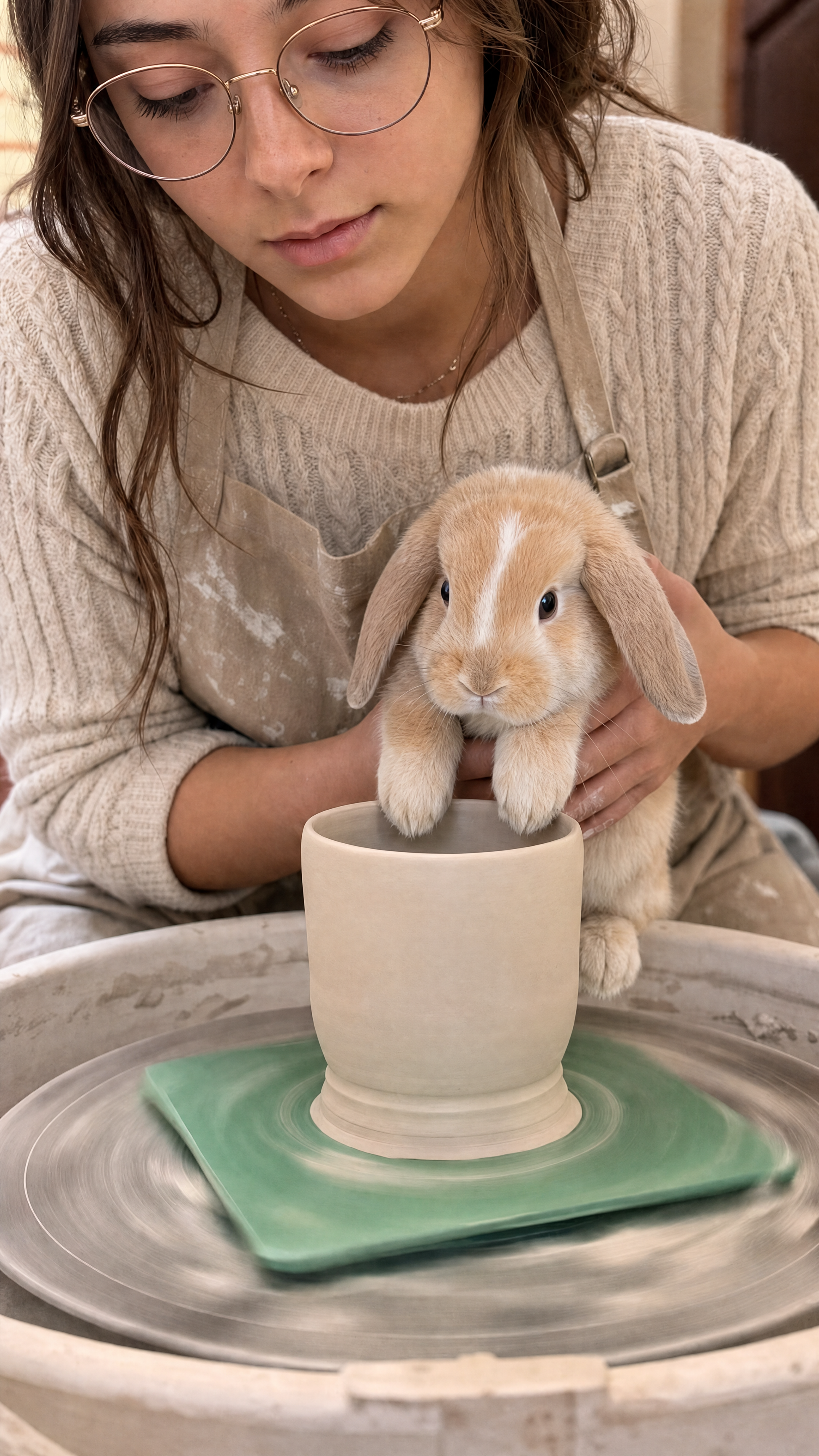 The potter at her wheel with her bunny helper shaping a mug