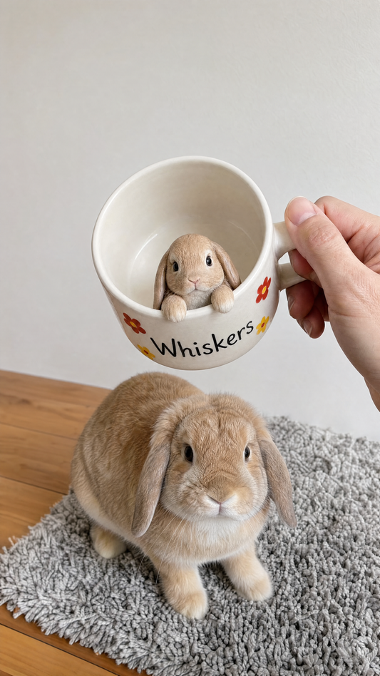 Custom bunny figurine mug tilted to show the sculpted fawn lop bunny gripping the rim
