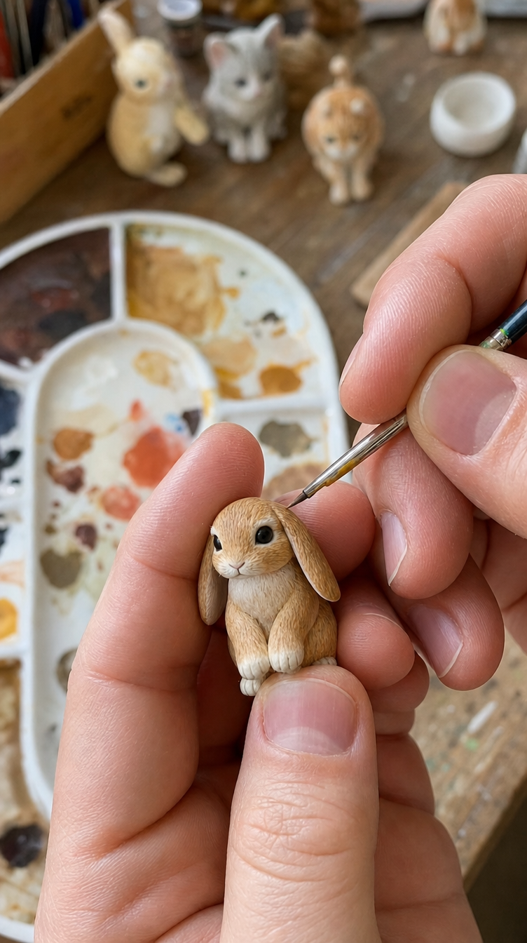 Hands hand-painting a tiny sculpted bunny figurine