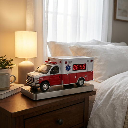 ToneOut Red White EMS Ambulance Alarm Clock on nightstand